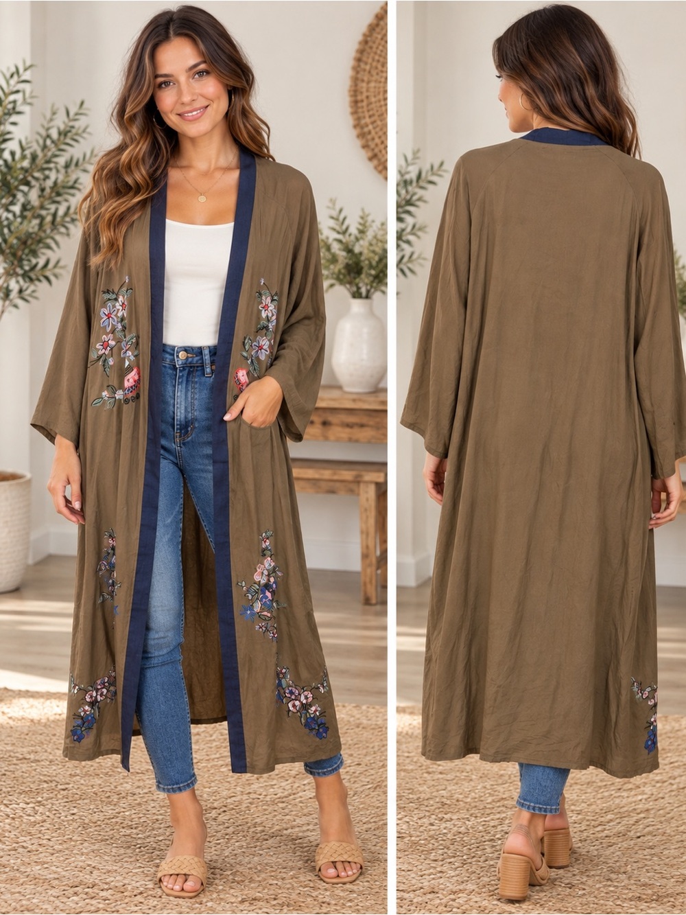 Boho Olive Green Floral Embroidered Long Kimono Duster 100% Cotton One Size